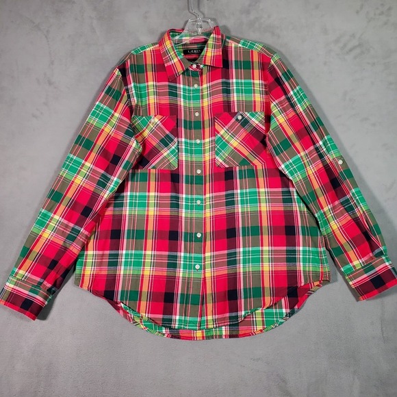 Lauren Ralph Lauren Tops - Lauren Ralph Lauren Top Womens L Red Green Plaid Roll Tab Preppy Americana Cabin